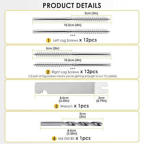 Miniatura 4 de Eyourlife Paquete de 60 herrajes para barandillas de cable, tornillos plateados de 18 pulgadas, rosca para zurdos y diestros para postes de madera,