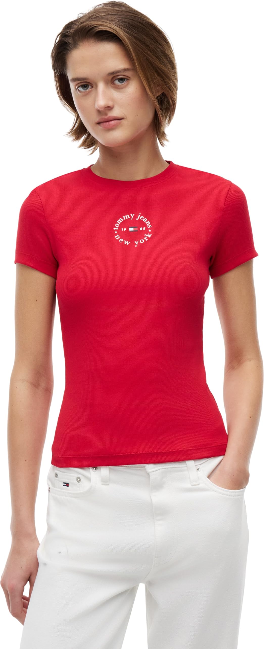 Tommy Jeans Women's Tjw Slim Ess Logo2 Rib Tee Ext DW0DW22807 S/S T-Shirt, RED (Amaryllis Red), M
