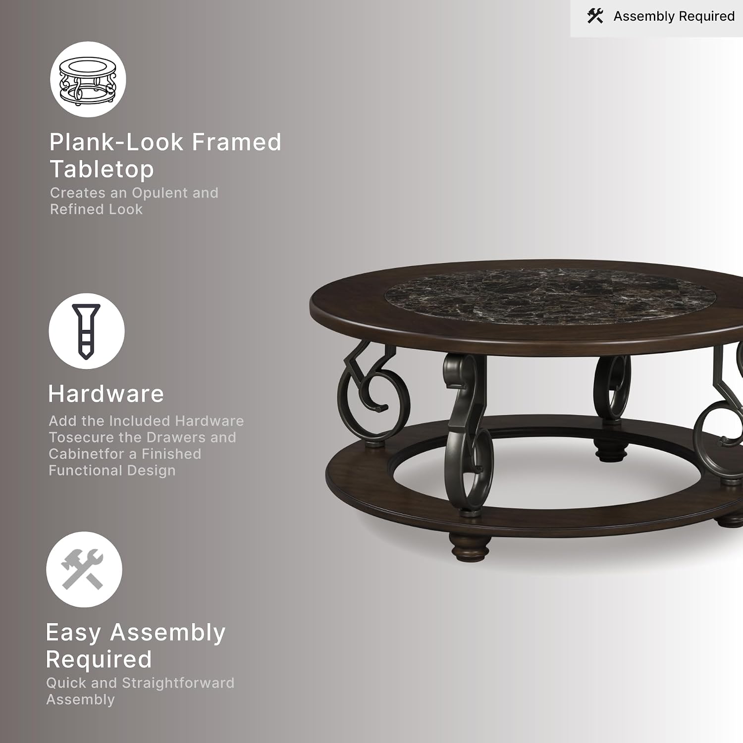 Signature Design by Ashley Round Coffee Table, Faux Marble, 42-Inch | Easy-clean stone-look laminate top, Sturdy birch veneer and pewter-tone metal legs, Substantial 61-lb build, Frallyn Series