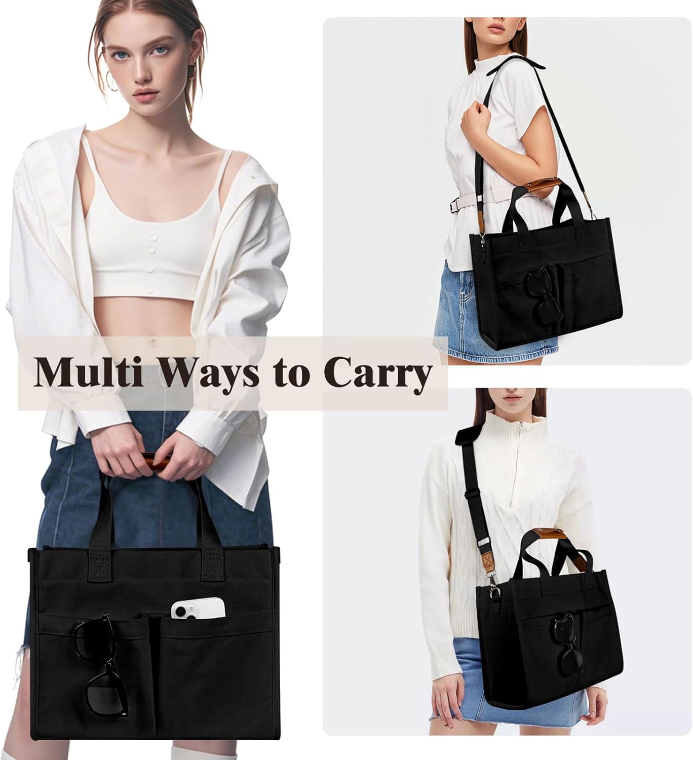 Tote Bag for Women, Canvas Tote Bag with Velcro Closure, Laptop Work Crossbody Bags Daily Handbags Purse for Travel - Image 4