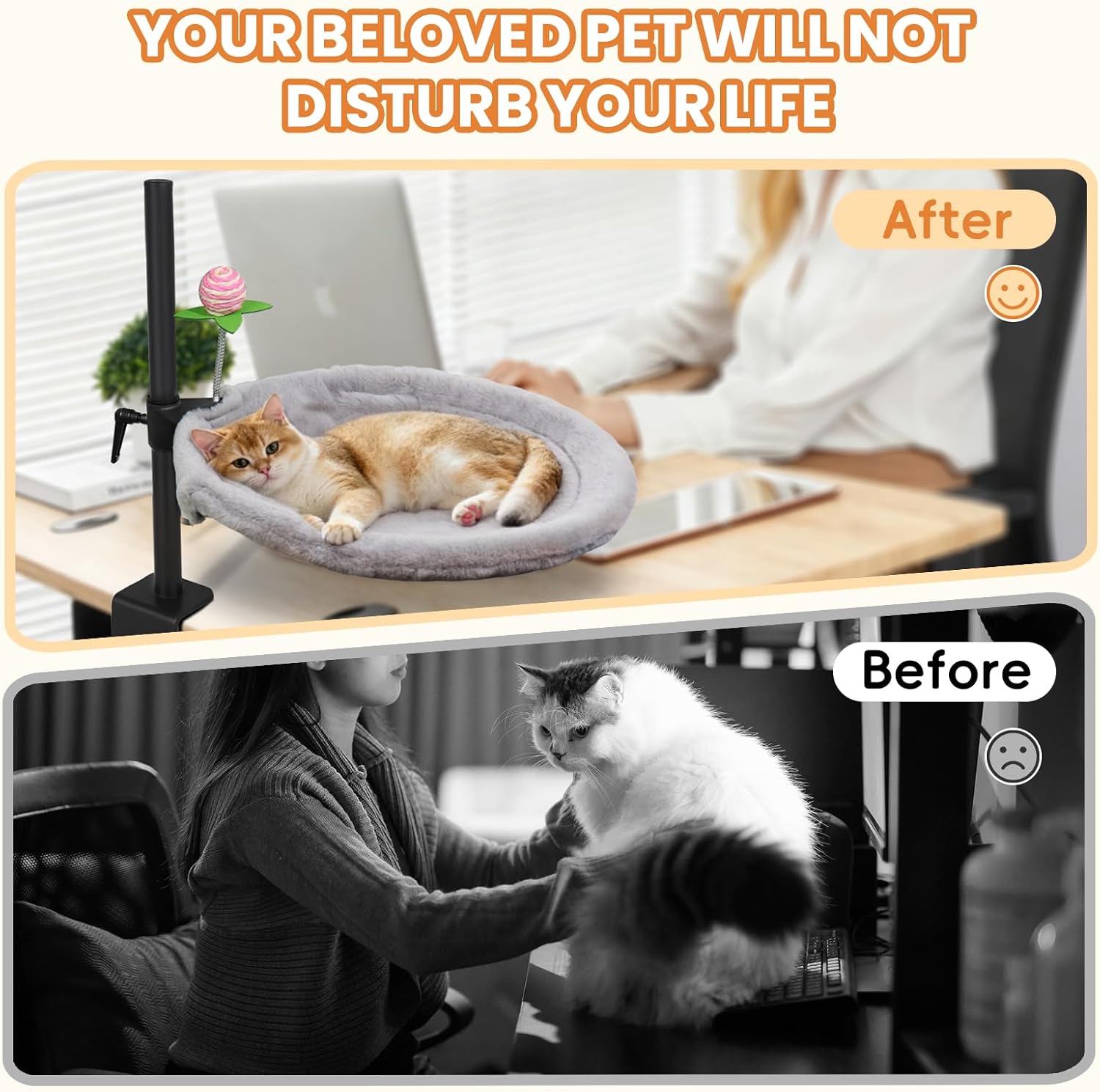 Cat Desk Bed, 360° Rotating & Adjustable Desk Mount with Soft Faux Fur & Breathable Mesh Accessories, Ergonomic Cat Perch for Remote Workers,Gamers, and Office Staff - Supports up to 50 lbs