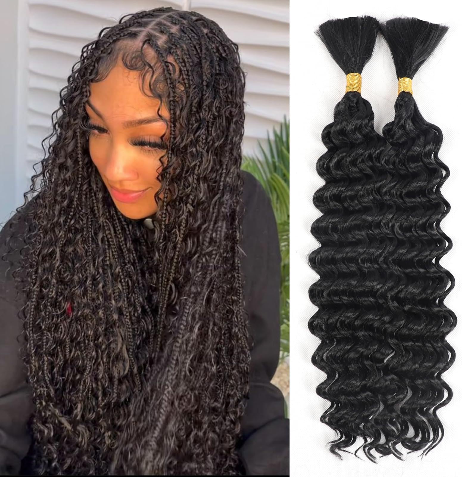 – 2 PCS Deep Wave Human Hair Bulk for Braiding - Wet and Wavy, Unprocessed Brazilian Virgin Hair for Micro Braids (196g 24")