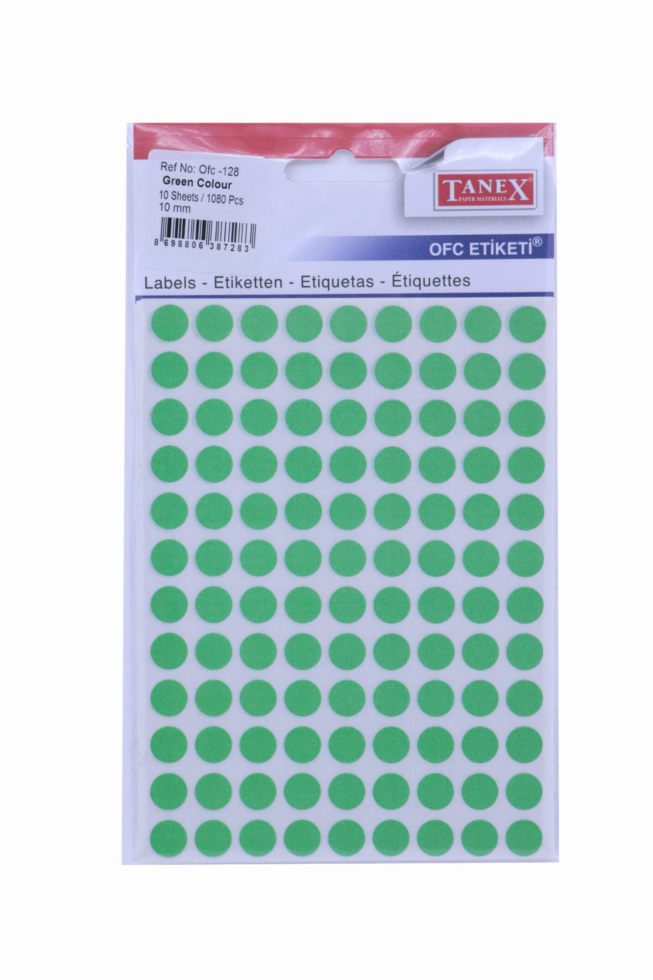 TANEXROUND LABEL 10MM GREEN 1080LABELS/PKT OFC-128-GR