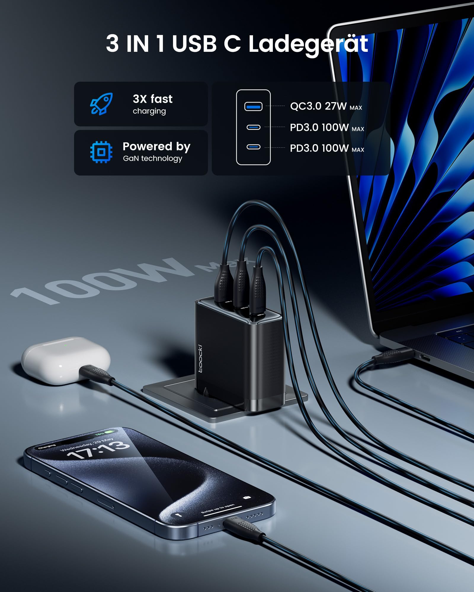 toocki 100W Caricatore USB C GaN Tech 3 Porte, Caricabatterie Type C Caricabatterie Rapido Compatto Compatibile con MacBook Air, iPhone 16/15/14/13, iPad, Samsung Galaxy S24/ S23/ S22, Google Pixel