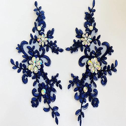 Miniatura 38 de Zbroh Parches de tela de encaje fino bordados con diamantes de imitación bordados, decoración de vestido para coser en lentejuelas cuentas, Azul