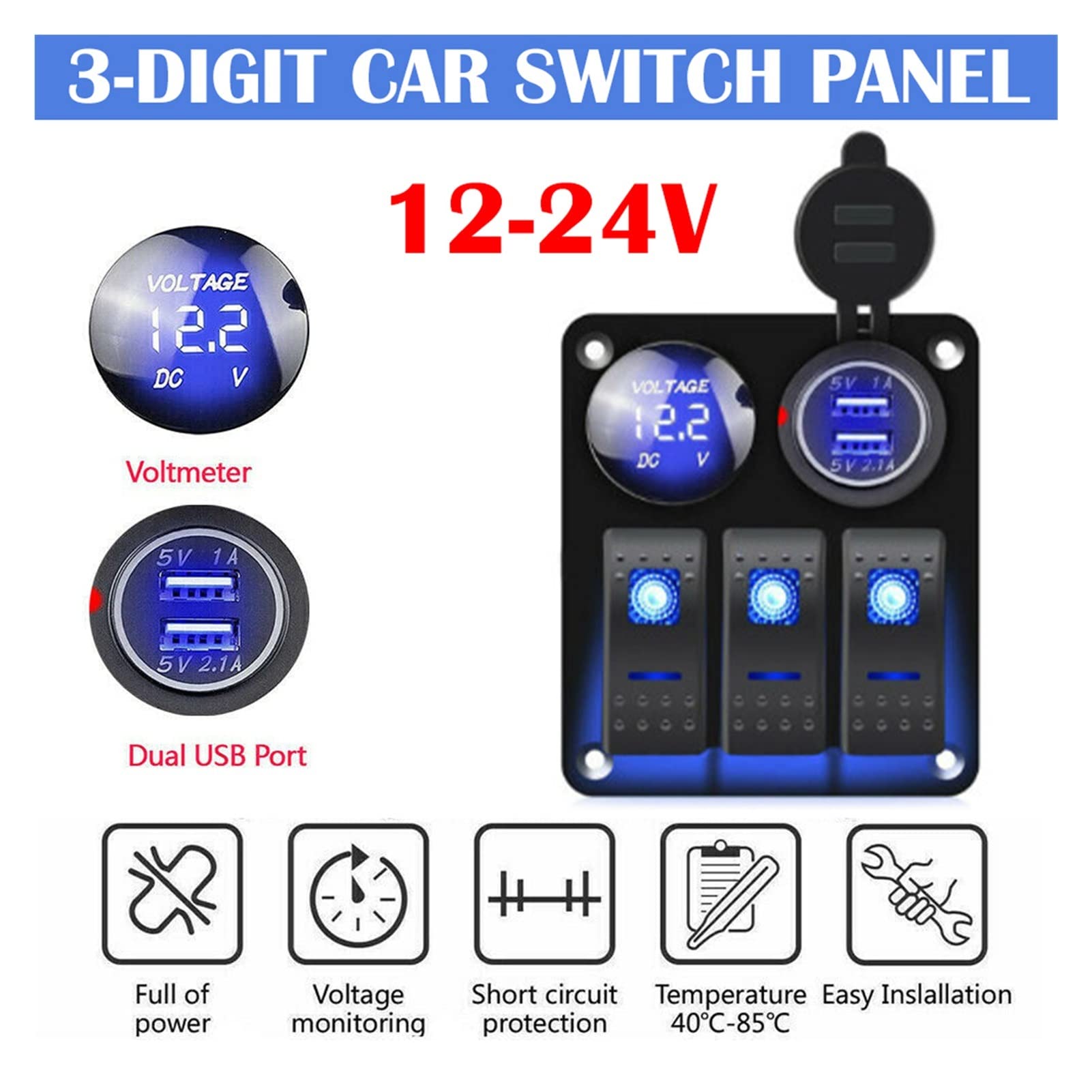 INEOUT Pannello interruttore 3 Gang 5 Pin on-off Switch Double. USB Caricabatterie auto Voltmeter Rocker Panel Switch 1 2V / 24V. Adatto for auto for carrello for auto Marine