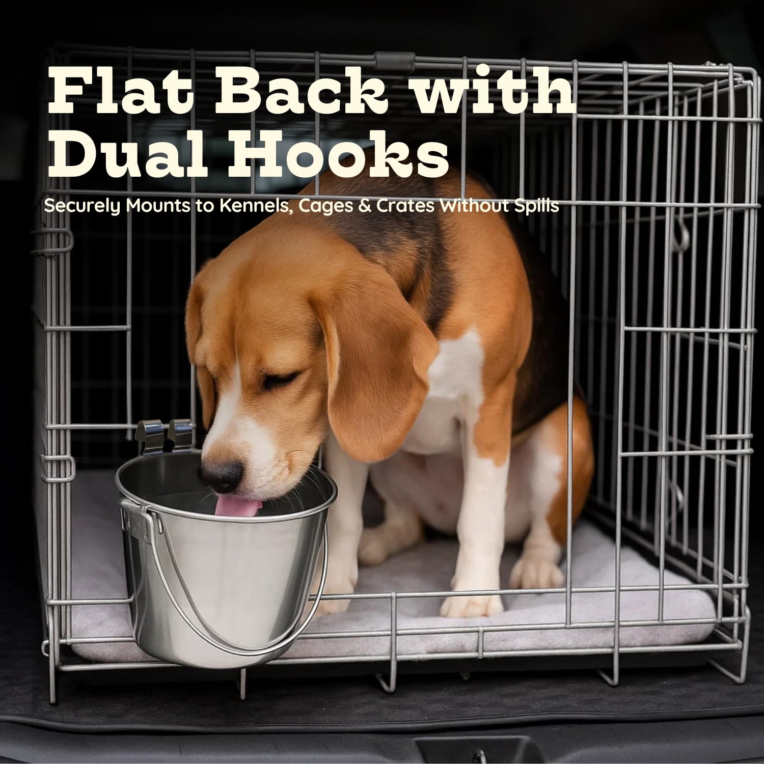 Cubo Plano de Acero Inoxidable de 4 Cuartos con Doble Gancho, se Adapta a perreras, jaulas y jaulas, Cubos Colgantes de Ganado, Cubos Resistentes para Mascotas, Suministros de