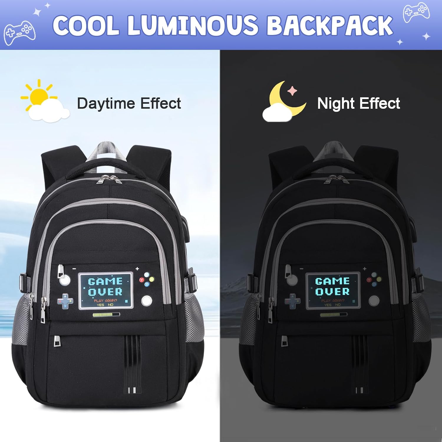 ACESAK Boys Backpack - 3PCS Cool Luminous Backpack for Boys School Backpacks for Kids Kindergarten Elementary Preschool Middle School Bags with Lunch Box Pencil Case Set (Black Game Screen)