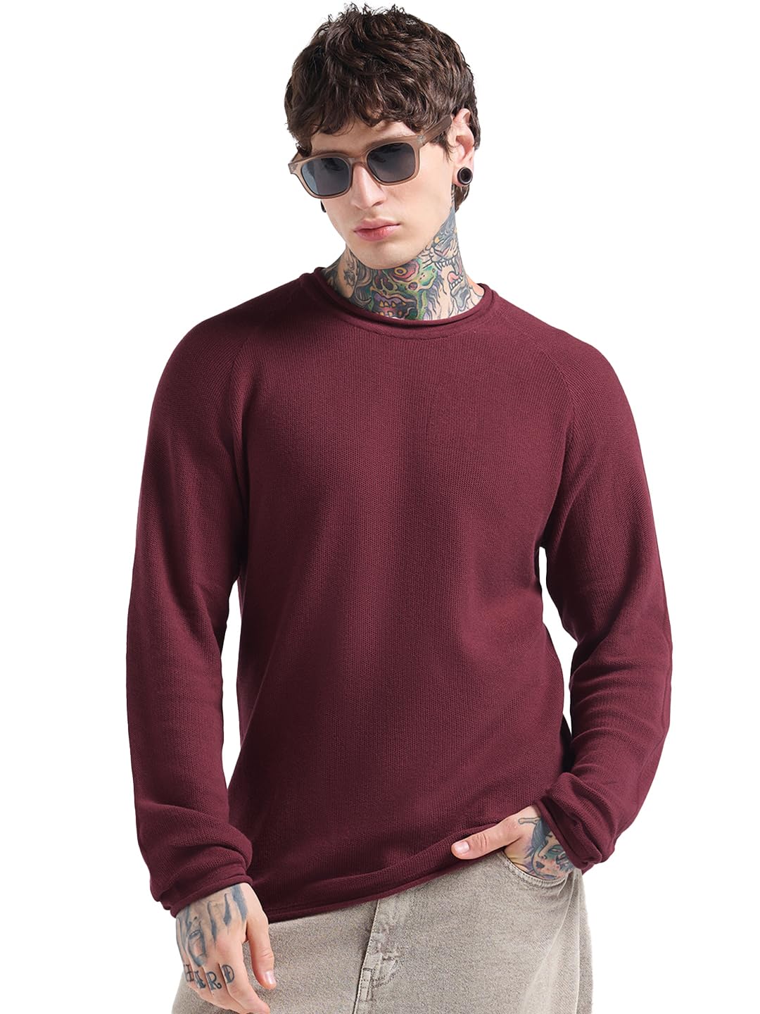 bewakoof Men's Solid Regular Fit Full Sleeve Round Neck Pure Cotton Sweater-picture-18