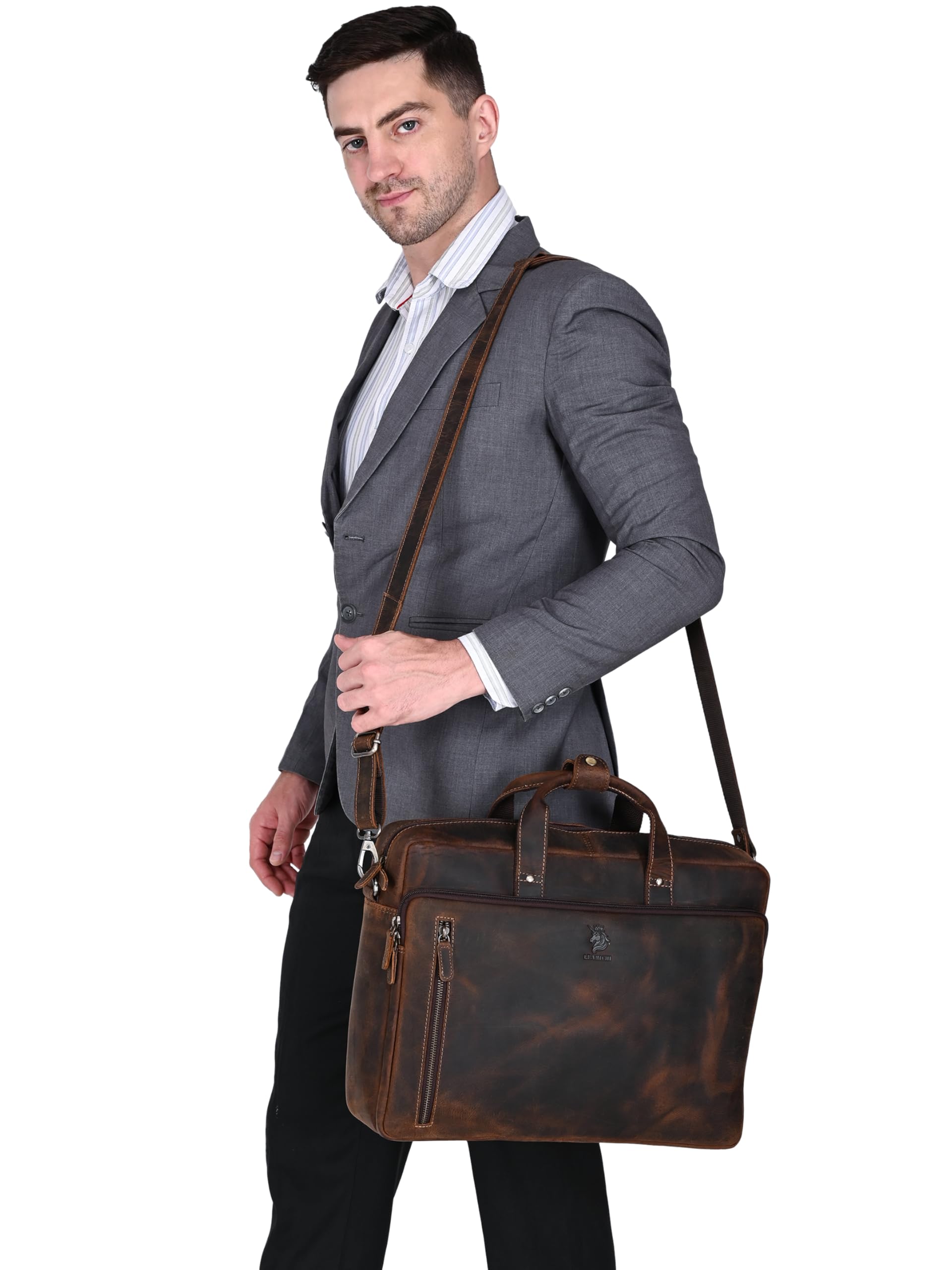 16 pulgadas Cazador hecho a mano Desesperado Cuero Portátil Hombro Maletín para Hombres Bolso Marrón Estilo Vintage Con Compartimento Acolchado Bolsillo Vertical