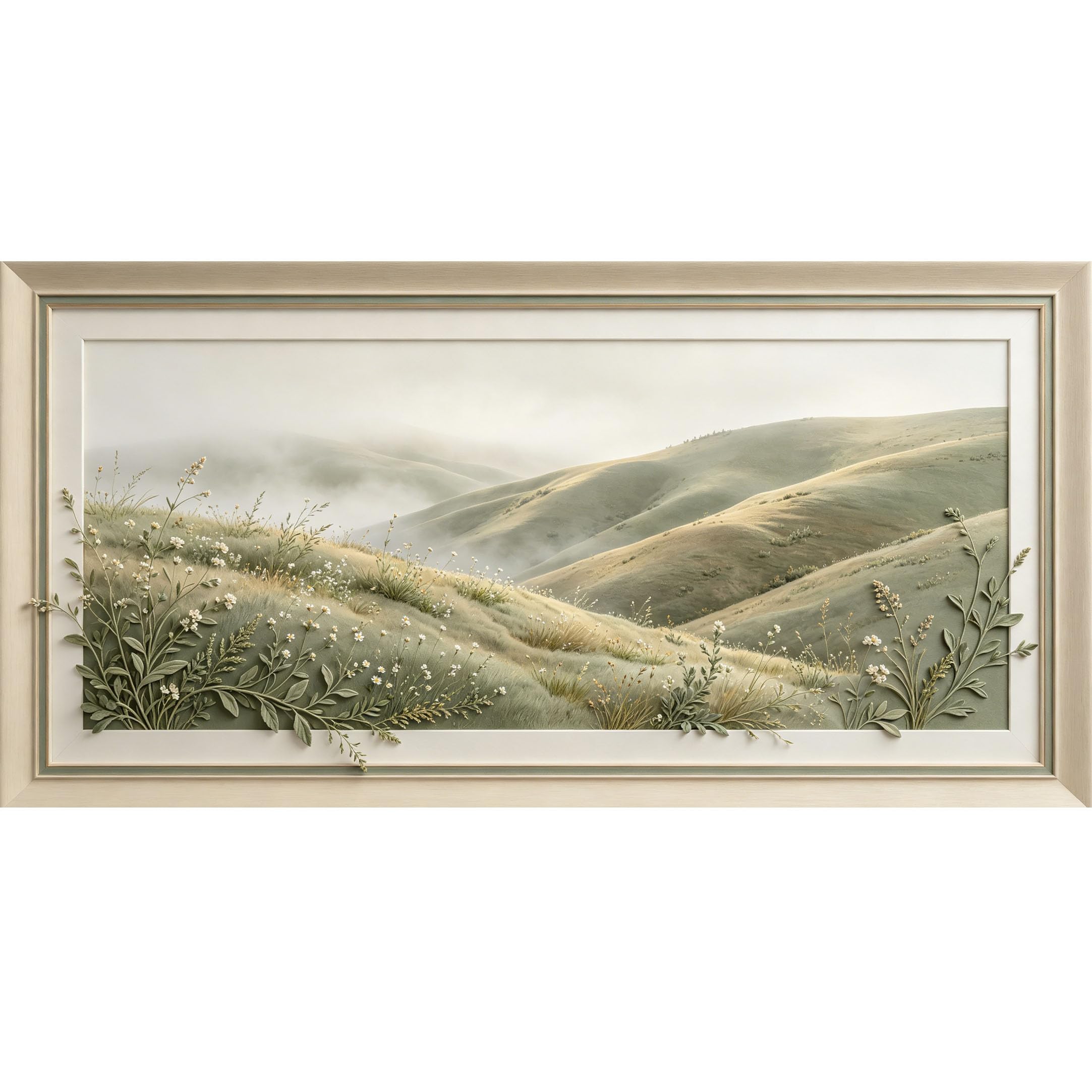 Agglomerix 3D Framed Wall Art Mist Mountain Rolling Hills Wildflower Botanical Relief Effect Large Size SelfAdhesive Removable Wall Decor Prints Artwork for Living Room Bedroom Office