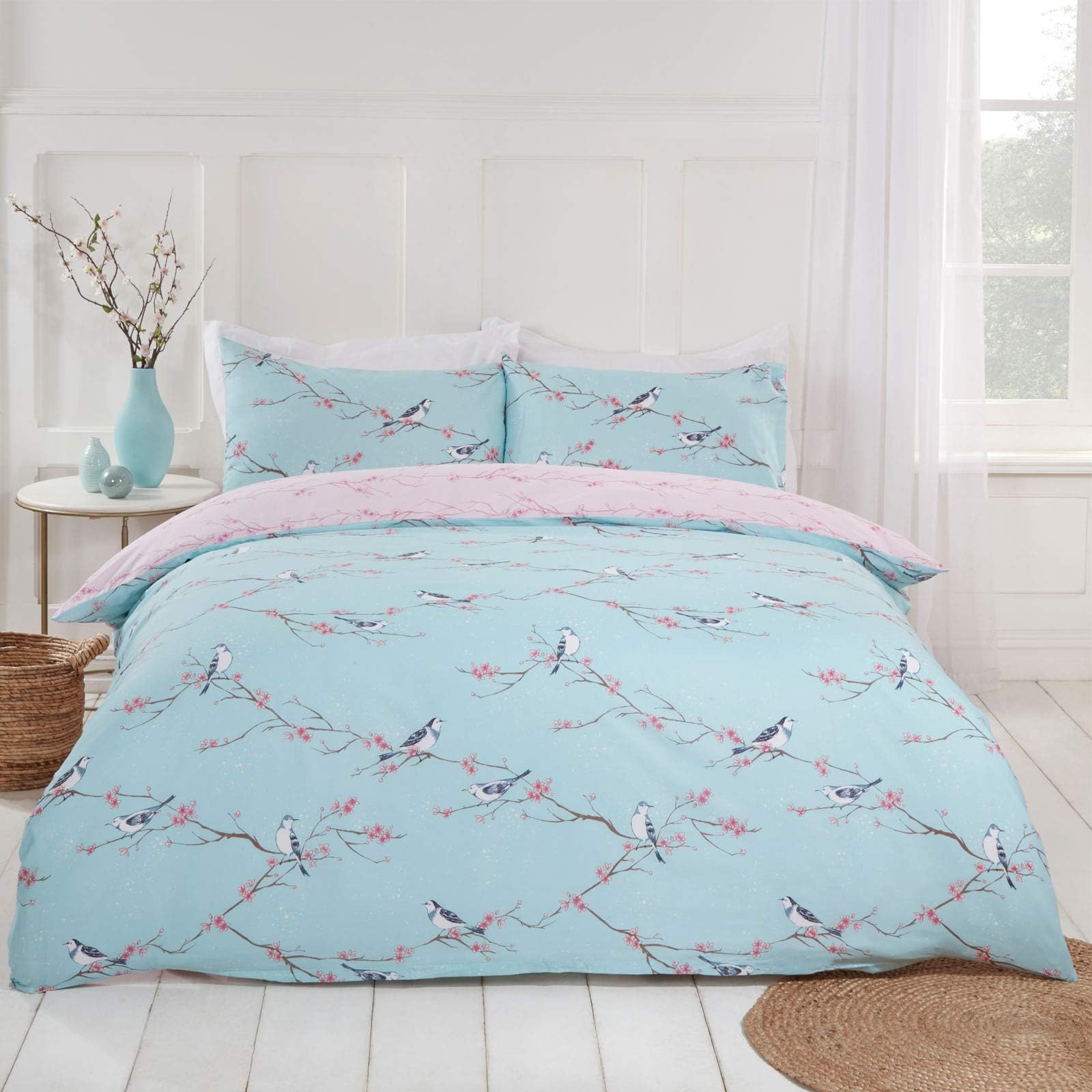 Dreamscene Floral Reversible Duvet Bedding Linen Set, Duck Egg Blush