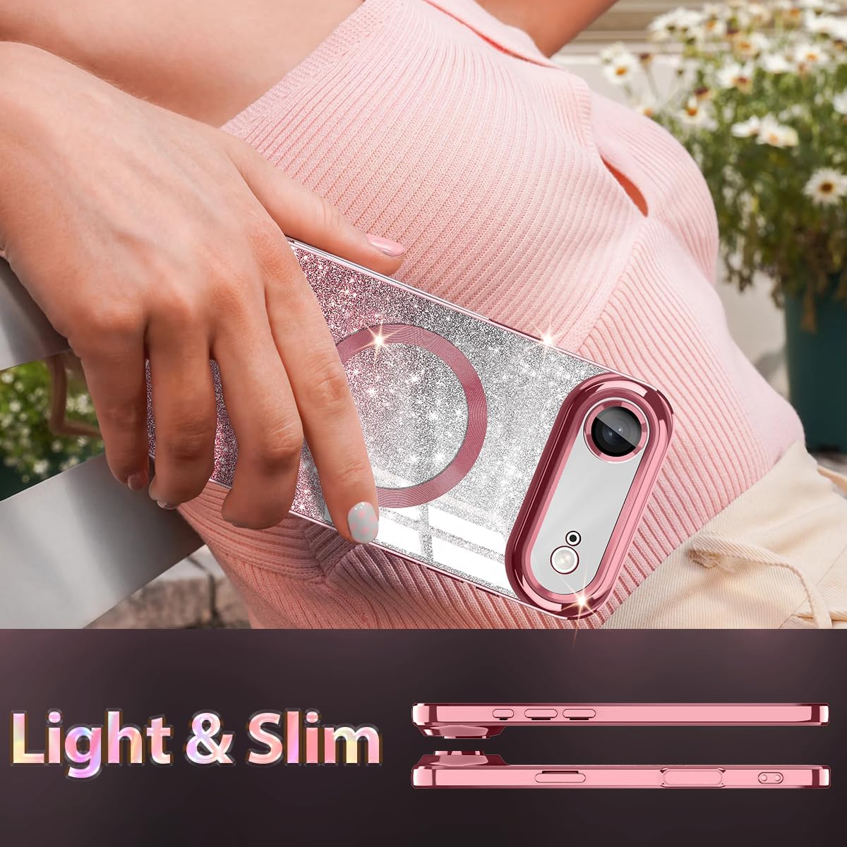 Casetego for iPhone Air Case/iPhone 17 Air Case,Compatible with MagSafe,Clear Magnetic Glitter Sparkle Luxury Plated Soft TPU Bumper Full Camera Lens Protector for Apple iPhone 17 Air,All Rose Gold - Image 7