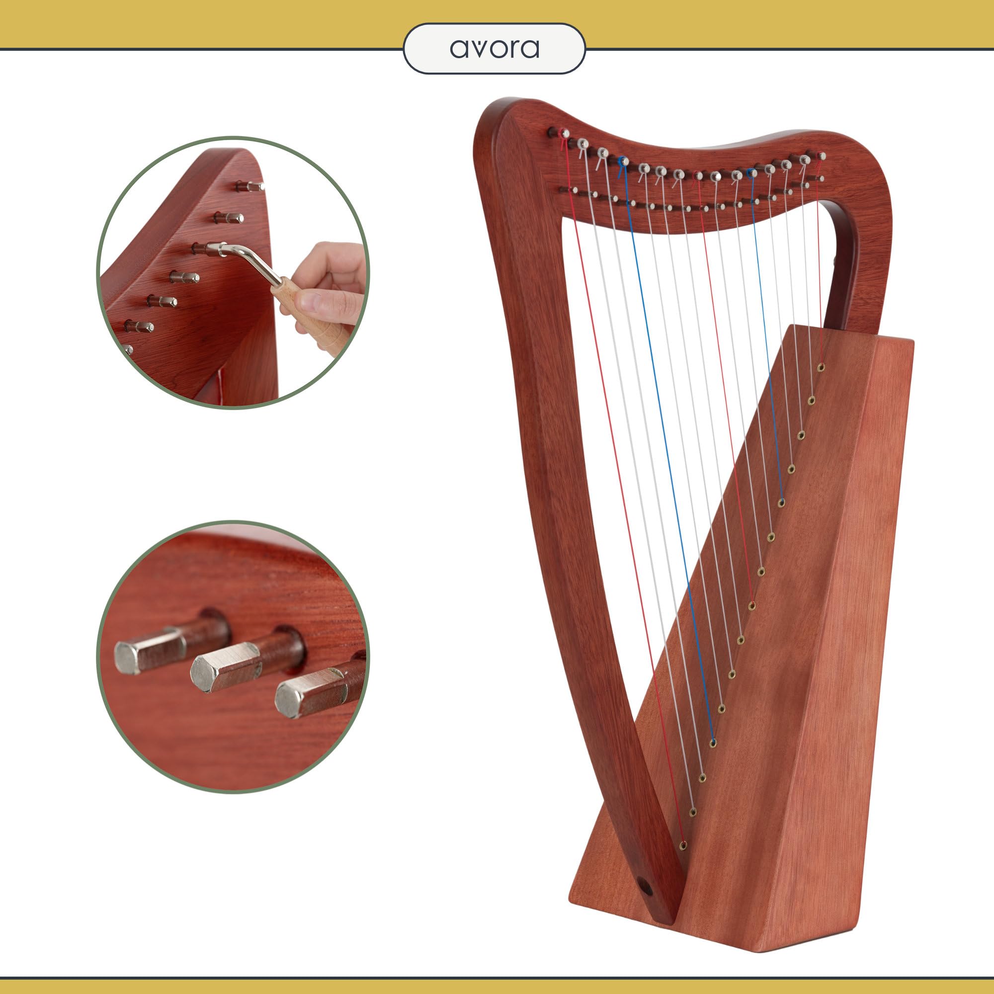 Avora Arpa Celtica 15 Corde in Nylon – Arpa Artigianale con Custodia & Accordatore – Diatonica in Do Maggiore - Suono Caldo e Pieno Grazie al Legno di Mahogany - Leggera & Compatta per Uso Flessibile