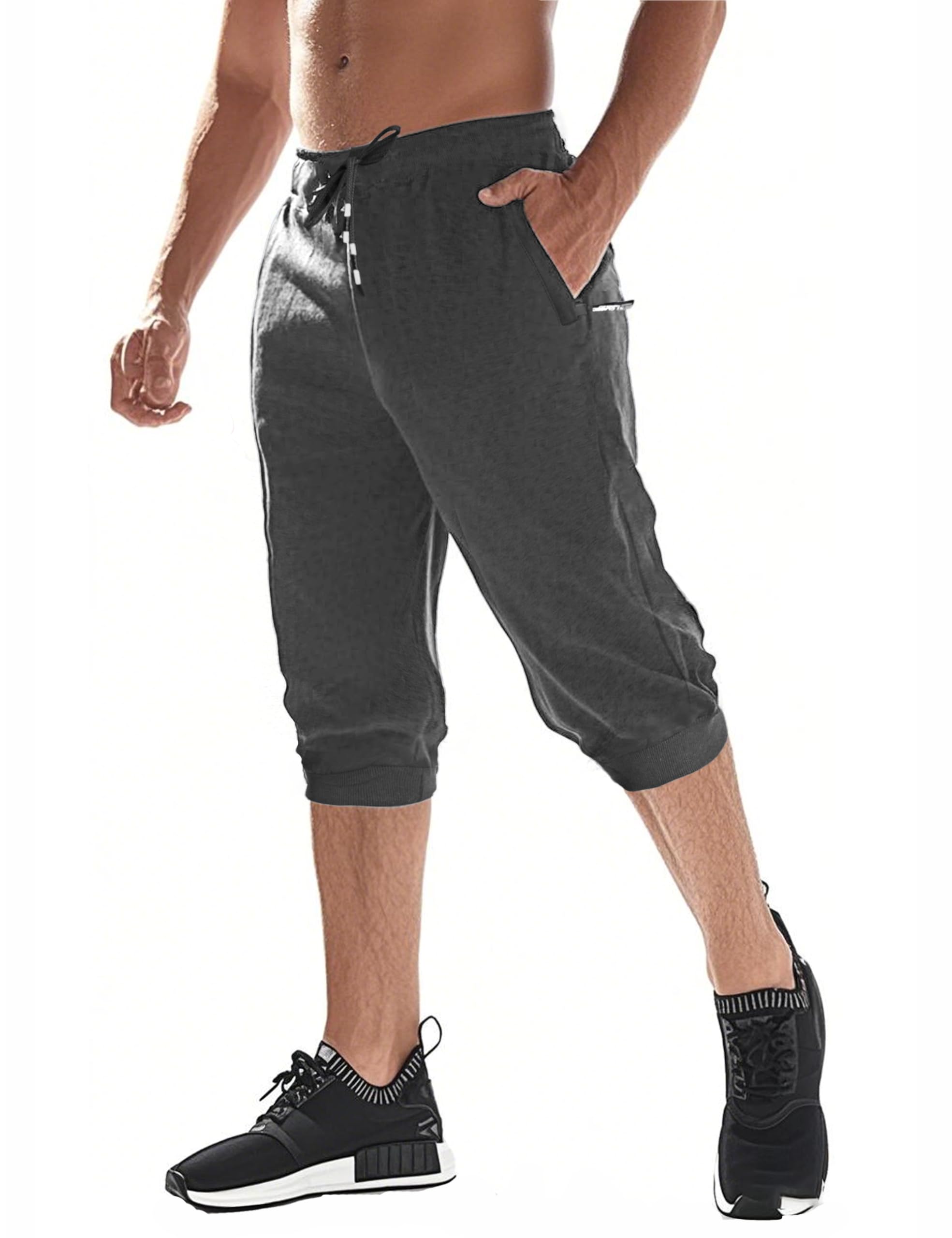 EKLENTSON Men's 3/4 Jogger Capri Pants Elastic Waist Below Knee Shorts Workout Gym Running Sweatpants with Zip Pockets