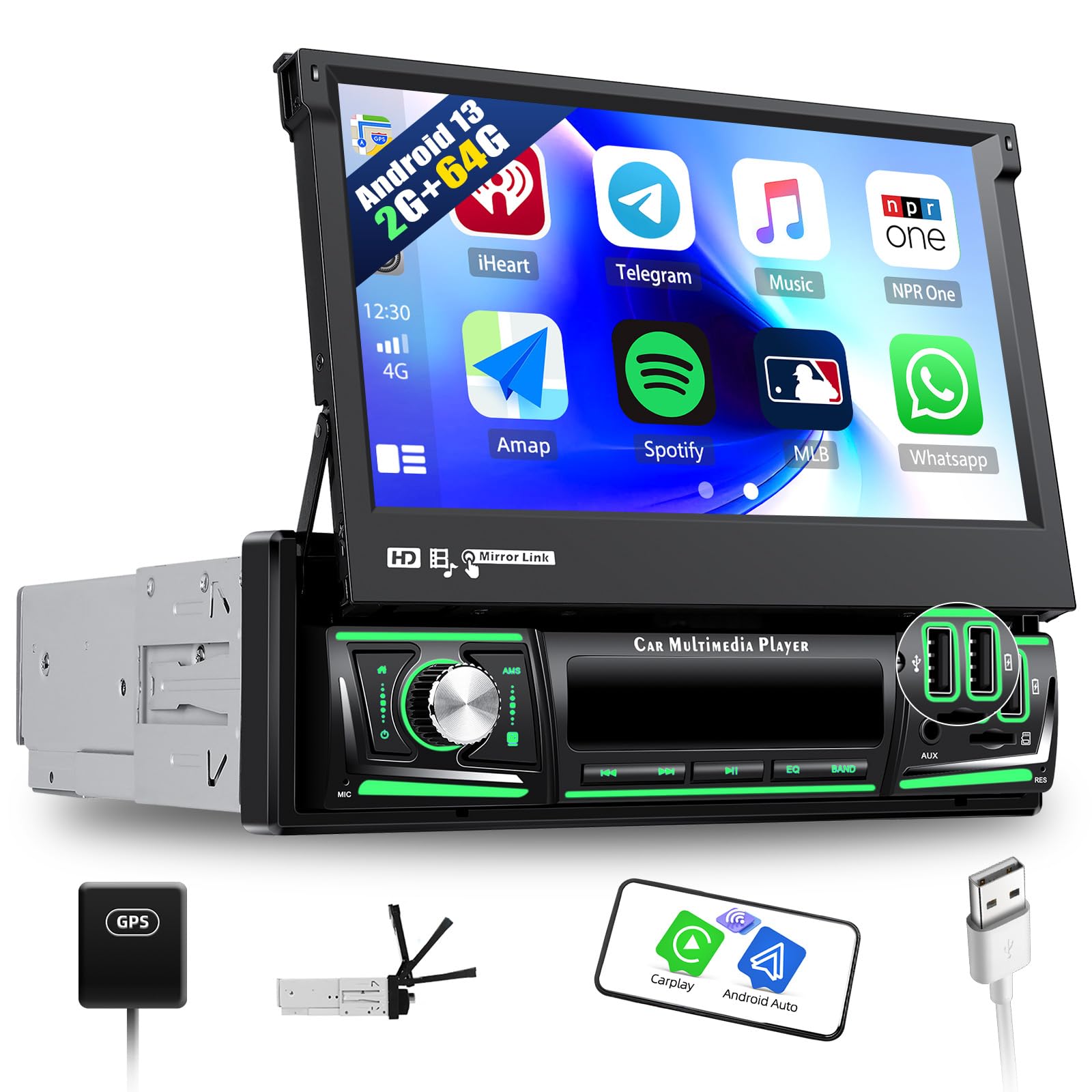 [2GB+64G] SIXWIN 1 DIN Android 13 Radio Coche con Carplay&Android Auto,7 Pulgadas Pantalla táctil Retráctil Manual con WiFi/Navegador GPS/Bluetooth/FM/RDS/2USB/TF/Mandos Volantes/Mirror Link