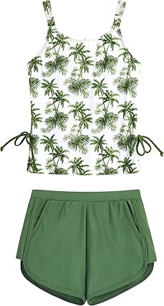 HOZIY Girls Swimsuit Two Piece Tankini Girls Bathing Suit with Boyshort Adjustable Strap Drawstring Kids Swimwear for 5-14Y
