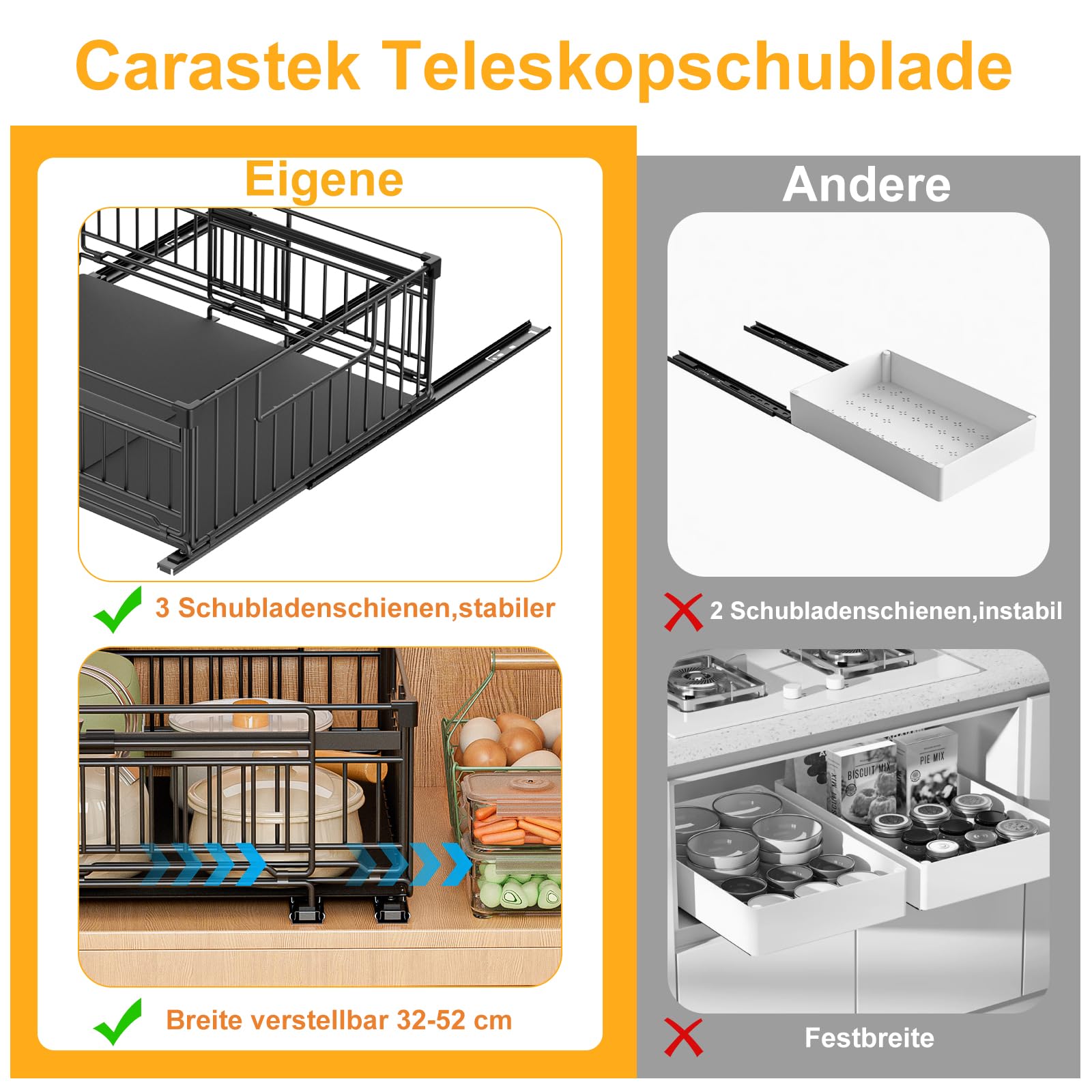 2 Stück Teleskopschublade Ausziehbare Schublade Küche Schubladen Küchenschrank Organizer Küche mit Klebestreifen Ausziehbar Schrank Organizer Kein Bohren Expandierbare Breite 33-50*38*17cm