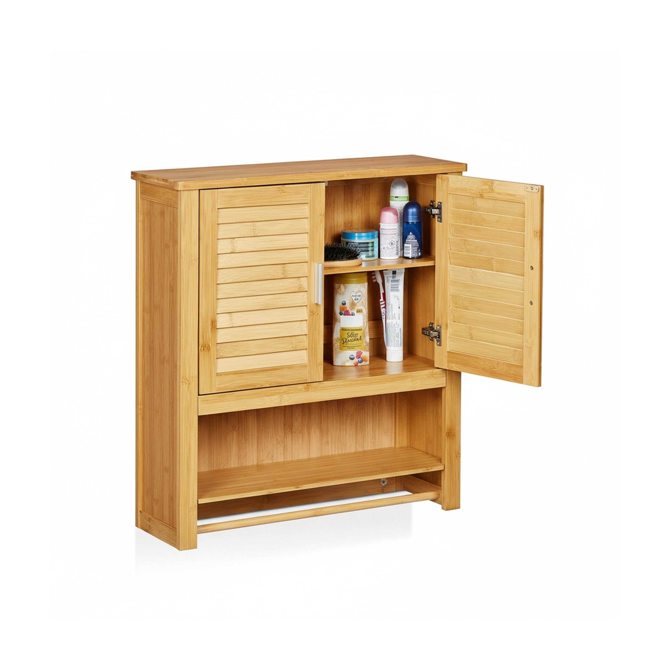 Relaxdays Pensile Bagno LAMELL, in Bambù, con Porta Asciugamani, 3 Ripiani, 2 Ante, Mobiletto, 66 x 62 x 20 cm, naturale