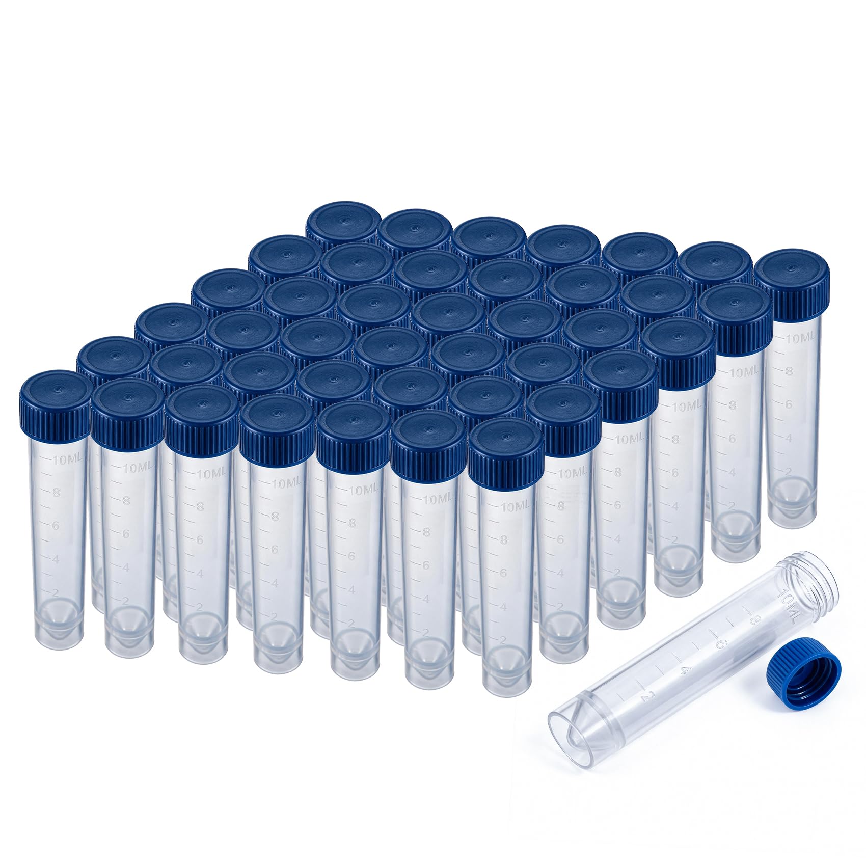 PEKYBIO Tubo de transporte estéril, capacidad de 10 ml, graduaciones moldeadas, fondo cónico, autosuficiente, con tapa de rosca azul, caja de 100 unidades