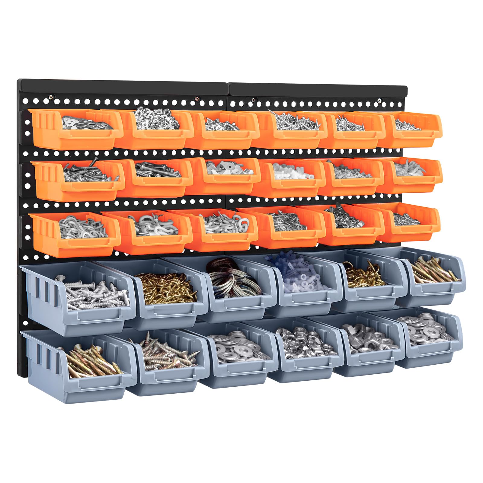 EVERGOODS 30Pcs Wall Mounted Storage Bins Backboard DIY Stackable Workshop Storage for Tools Hardwares Crafts 64 x 41cm Plastic Bin Panel Rack with Screws for Tool Shed Garage Workshop (Orange+Gray)