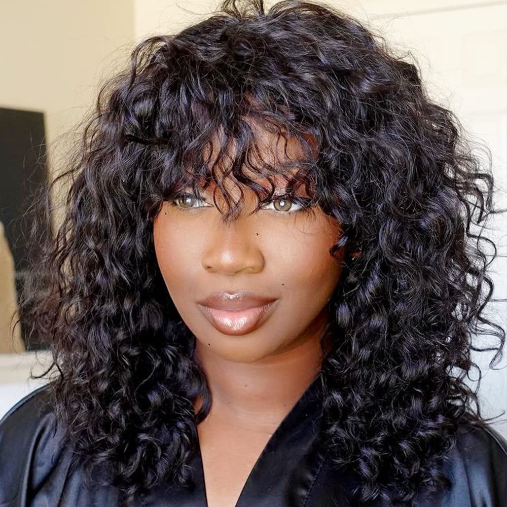 Amazon.com : Jerry Curly Human Hair Wigs With Bangs 200  display picture 2
