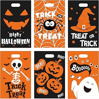 Whaline 72Pcs Halloween Plastic Bags Black Orange Halloween Goodie Bags Trick or Treat Bags Pumpkin Ghost Skeleton Happy Halloween Candy Bags for Halloween Party Favors Packing Decoration