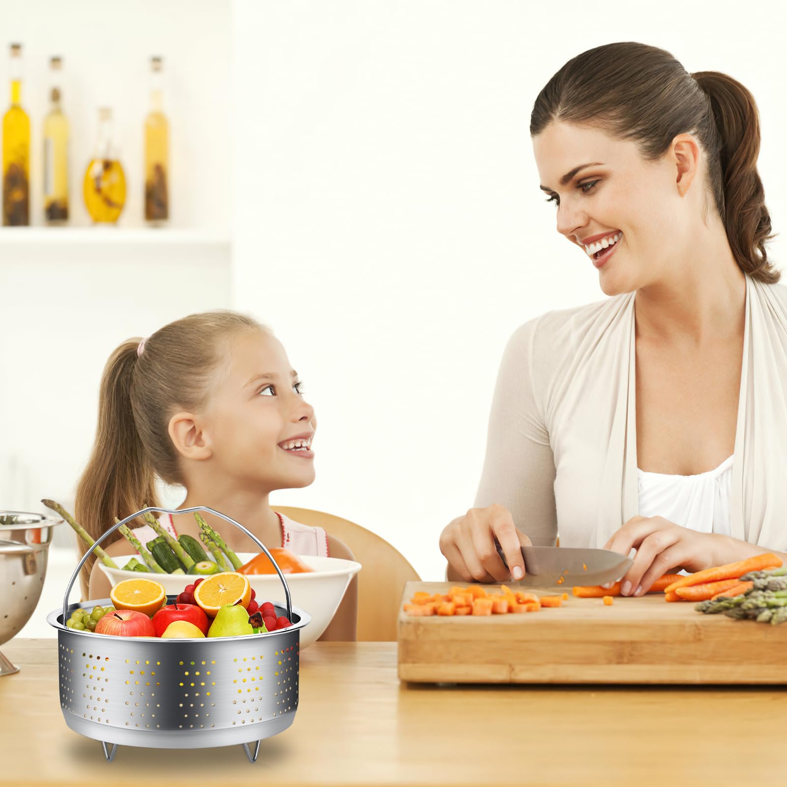 Cesta de Vapor Inoxidable 304, Vaporera Multiusos con Mango para Verduras, Pescado, Huevos