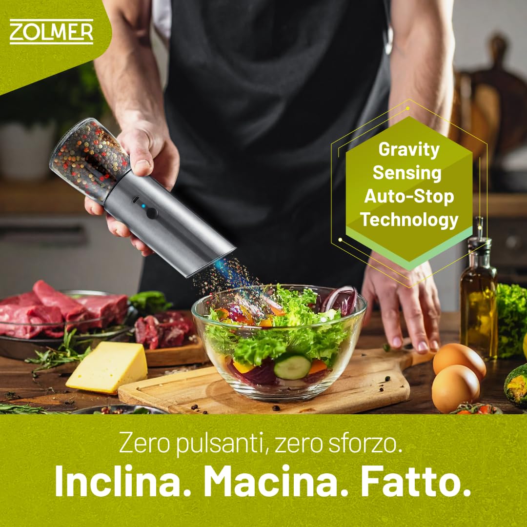 GRAVITY Macina Pepe Elettrico ad una mano e luce integrata – 1 unità con Batterie Ricaricabili, Macinatura Regolabile per Spezie varie, macina Sale o Pepe – Robusto e Compatto