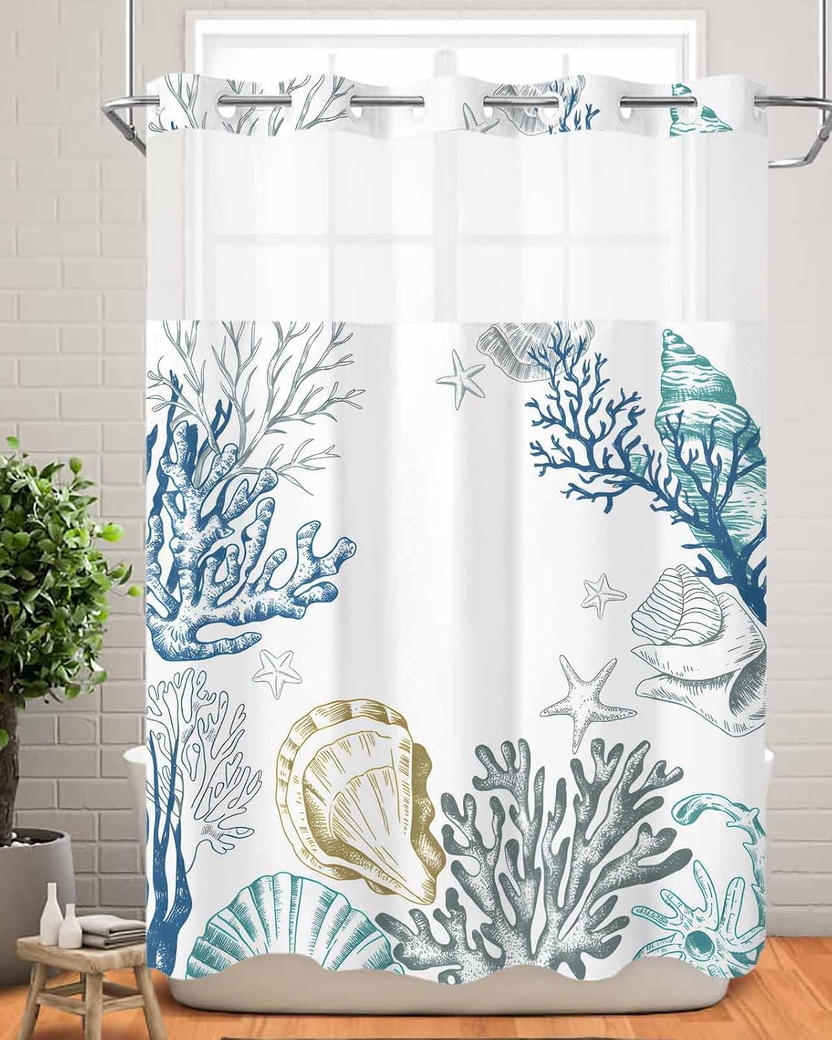 No Hook Shower Curtain and Snap in Liner Set, Coastal Fabric Bathroom Stall Shower Curtains 48x72 Inch, See Through Mesh Top Window, Ocean Coral Shell Turquoise Blue Conch Hotel Style, Waterproof