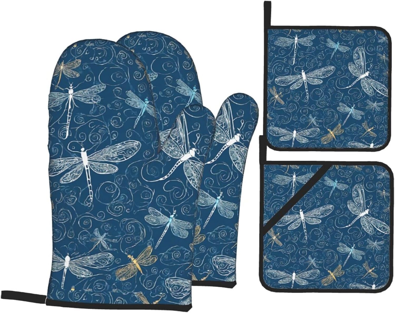 (Blue Dragonfly) Baking 4-Piece Set: 2 Oven Mitts and 2 Pot Holders Heat Resistant Waterproof Hanging Loop for Kitchen Oven Grill Housewarming Gifts