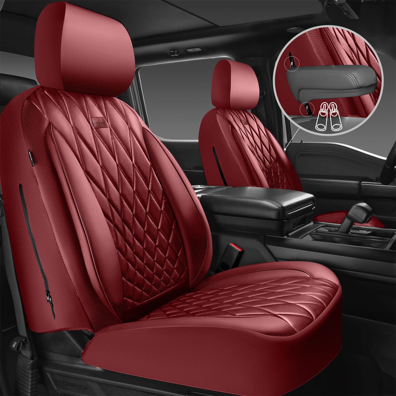 CAR PASS Piping Luxury Faux Leather Seat Covers Full Set, Premium Delux Anti-Slip Waterproof Automotive Seat Cover Universal Fit for Sedans Suvs Vans Trucks, Armrest & Airbag Compatible, Burgundy Red