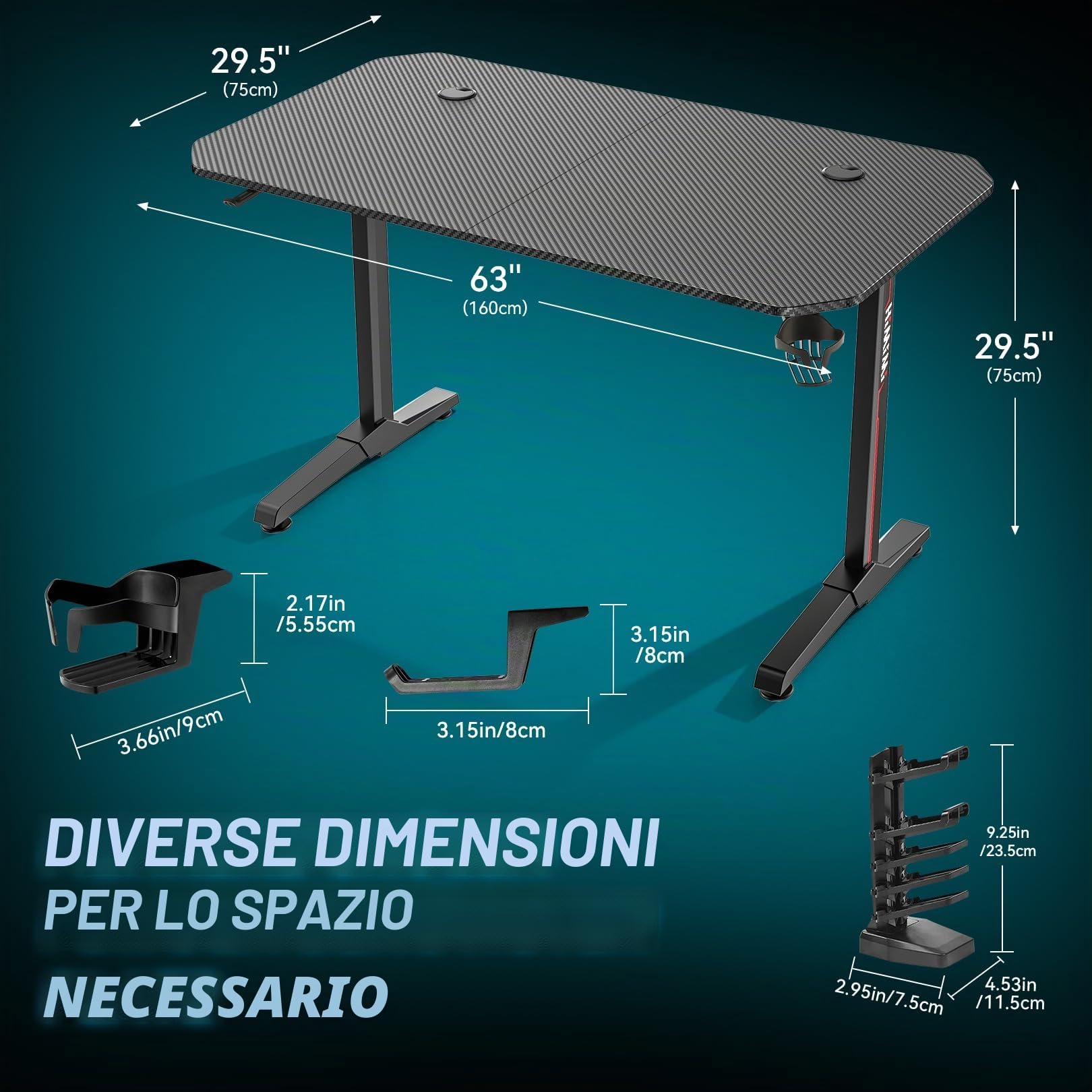 Himimi Scrivania Gaming 160x75 cm Scrivania Gamer Ergonomica con Tappetino per Mouse Integrato, Rivestimento in Fibra di Carbonio, Portabicchieri, Gancio per Cuffie, Telaio a T Robusto