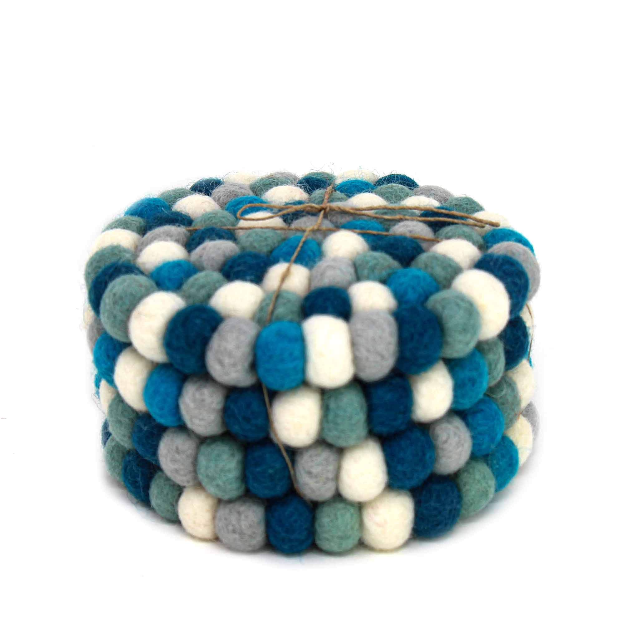 Hand Crafted Felt Ball Wool Coaster Set from Nepal, 4" Natural Drink Coaster, 4-Pack, Blue Ice