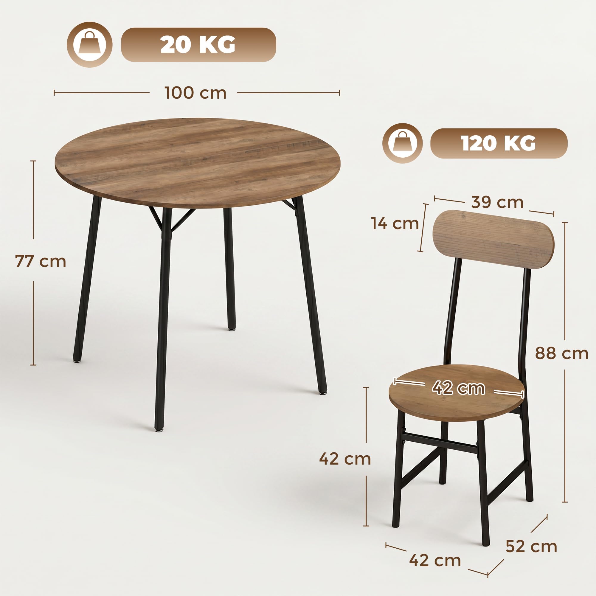 HOMCOM Set Tavolo e Sedie Sala da Pranzo 5 Pezzi, Set da Pranzo per 4 Persone Industriale con Tavolo Cucina Rotondo Effetto Legno e 4 Sedie Salvaspazio, Gambe Metallo, per Soggiorno Cucina Color Legno