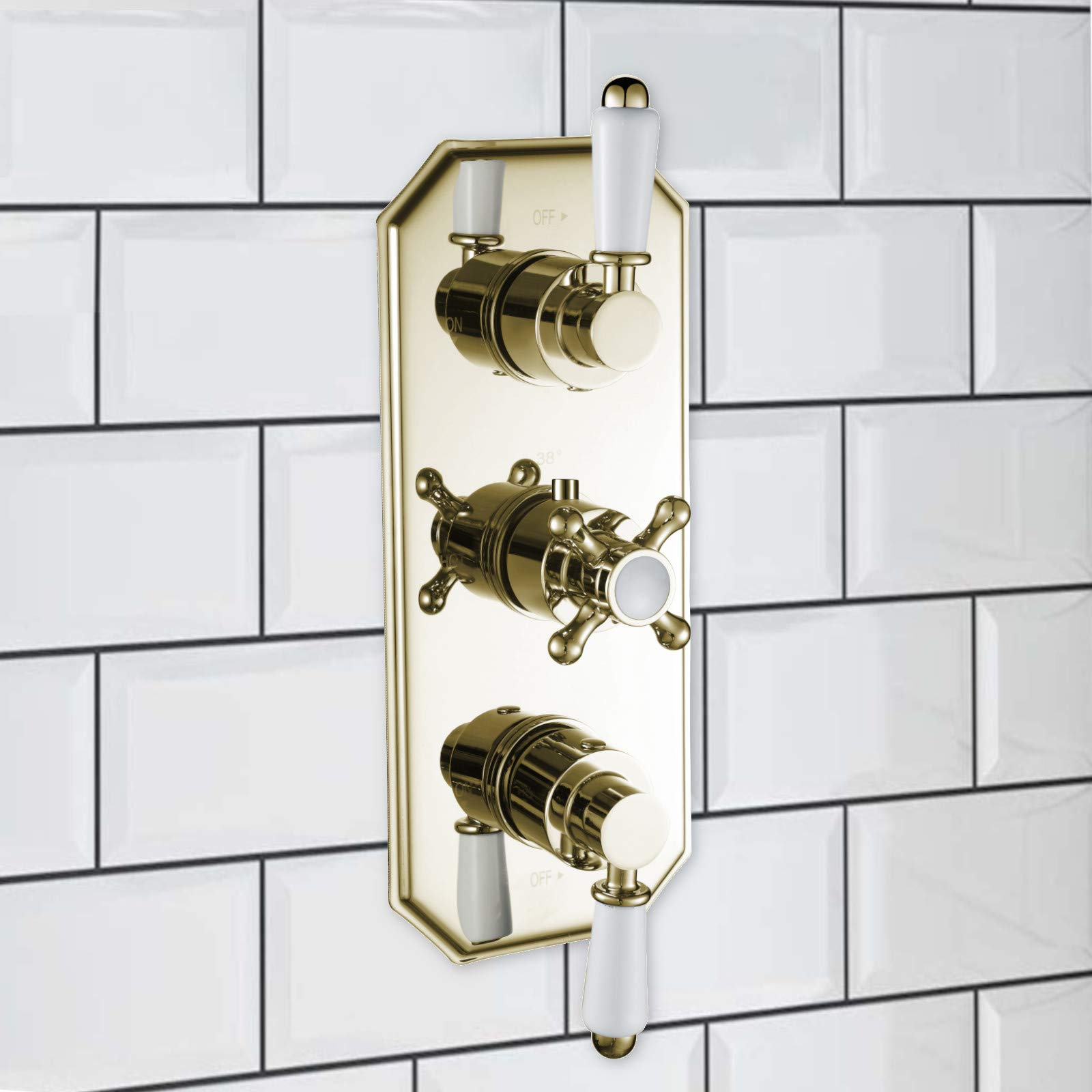 Enki Gold And White Regent, Tsv037, Gold White Triple Concealed Thermostatic Mixer Tap Shower Outle Valve For Bathrooms, Traditional Victorian Style