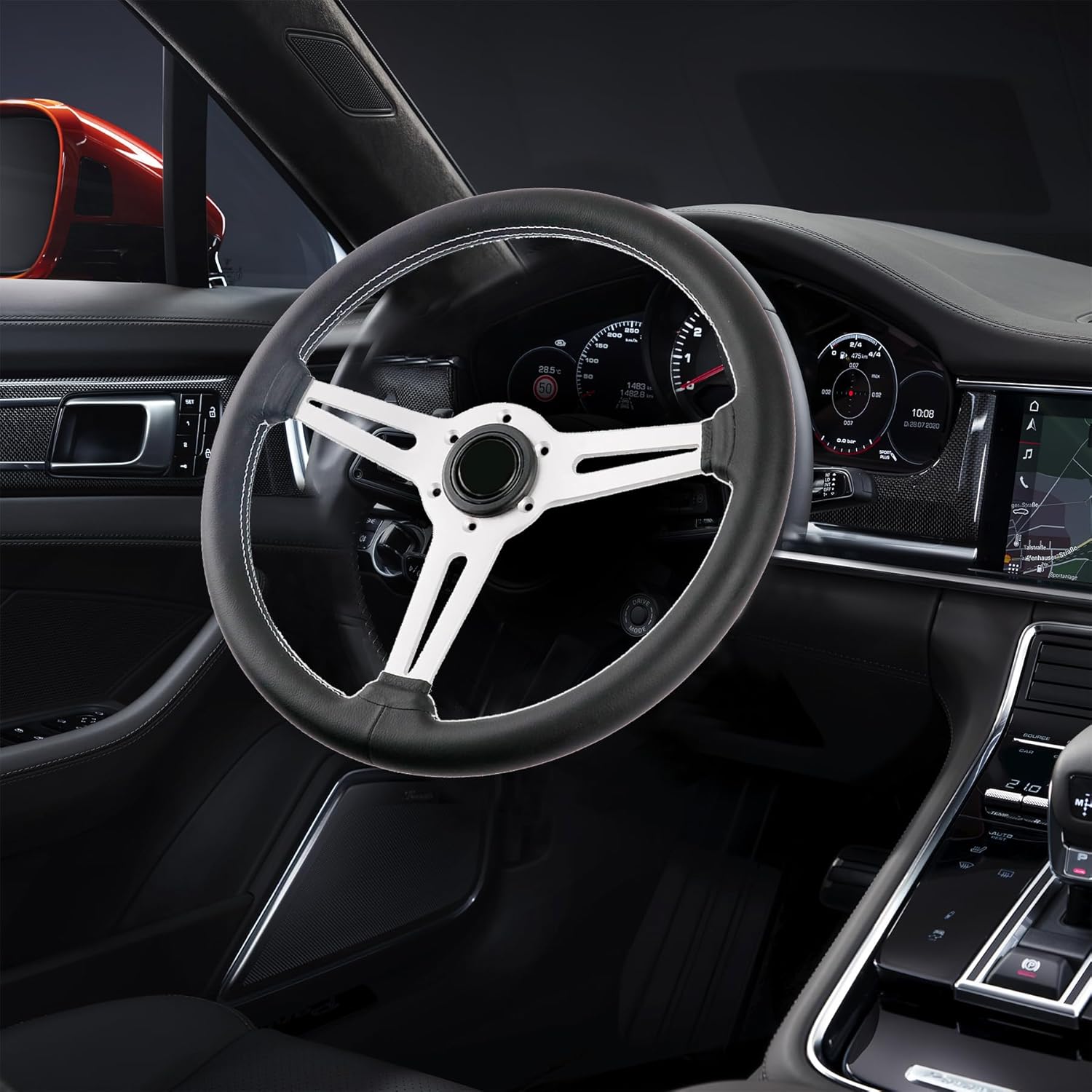 14 inch/350mm Genuine Leather Steering Wheel with Silver Spokes Flat Drift Racing Steering Wheel White Stitching