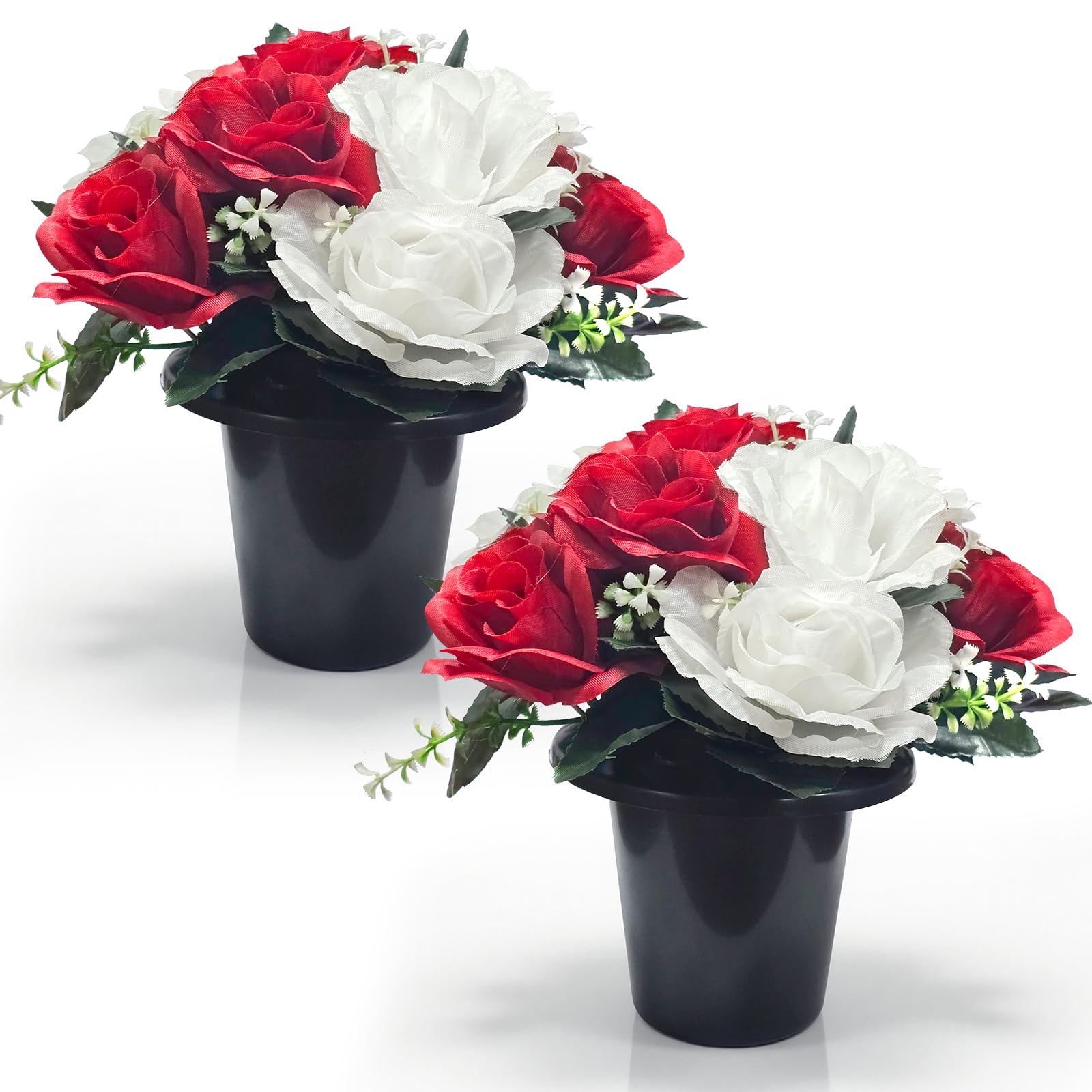 2 Set Artificial Flowers for Graves in Pot with 12-Head White Red Roses Flake Plastics Silk Funeral Memorial Cemetery Christmas Grave Flowers Outdoor Graveside Ornaments for Granddad Mum Dad Friend