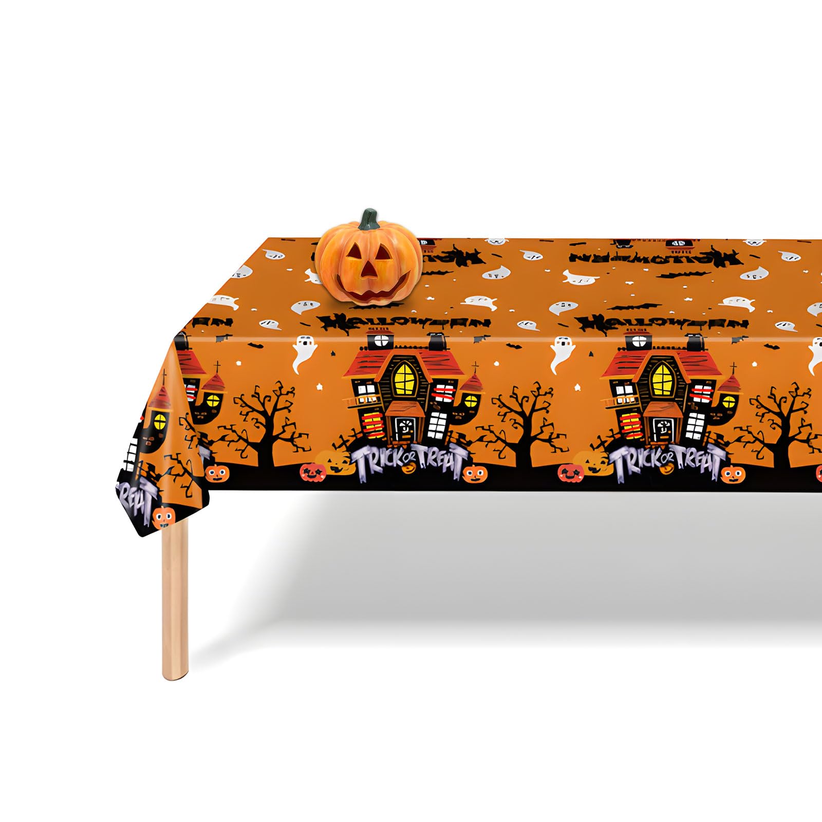 Fogcosy Orange Waterproof Halloween Table Cloth, 54X108 Inch Plastic Rectangle Tablecloth, Castle Bats Ghosts Pumpkin Table Decor, Halloween Tablecloth For Outdoor Indoor Party Favors Supplies Backdrop