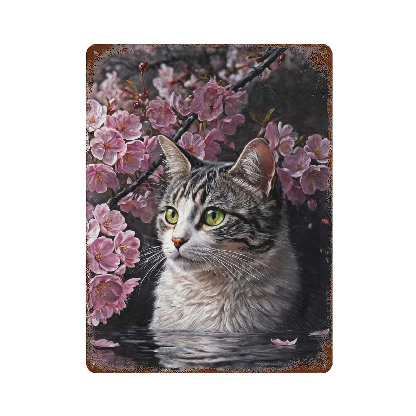 Rustic Tin Plaque Cat with Cherry Blossoms 15.7"x11.8", Vintage Wall Decor for Pub, Kitchen And Man Cave Decor