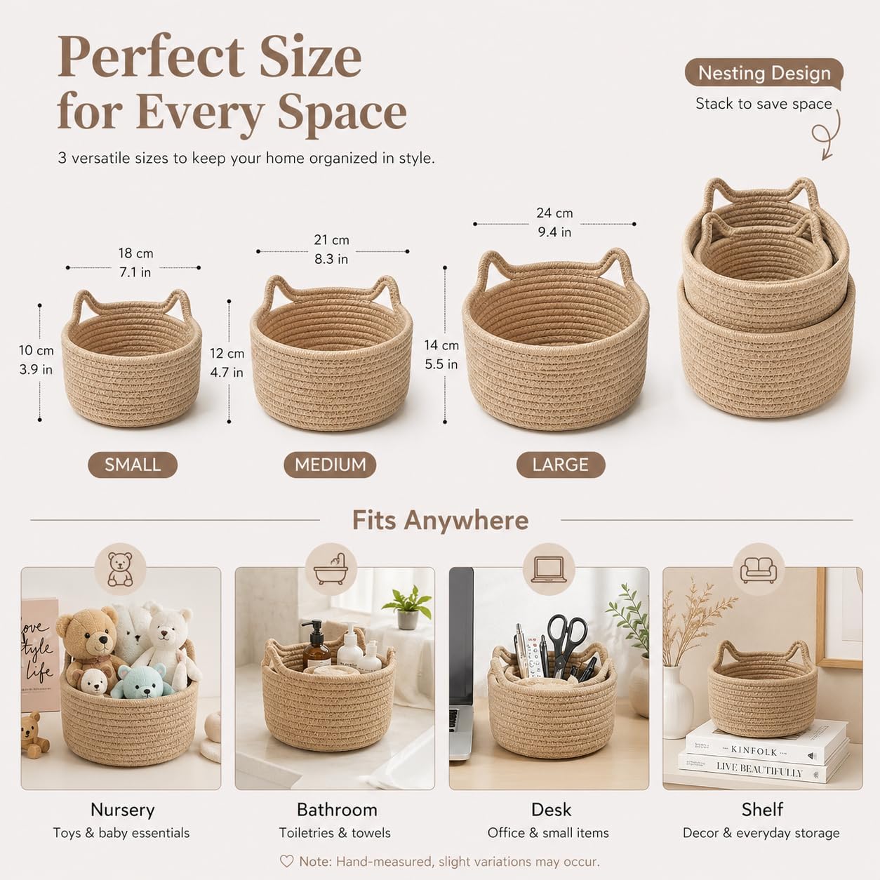 Small Woven Baskets | Mini Storage Bins | Cotton Rope Baby Nursery Organizers | Cute Round Cat Ears Basket for Organizing Desk Decor Kids Toy Dog Cat Baby Girls Gifts-Set of 3(Beige) image 2