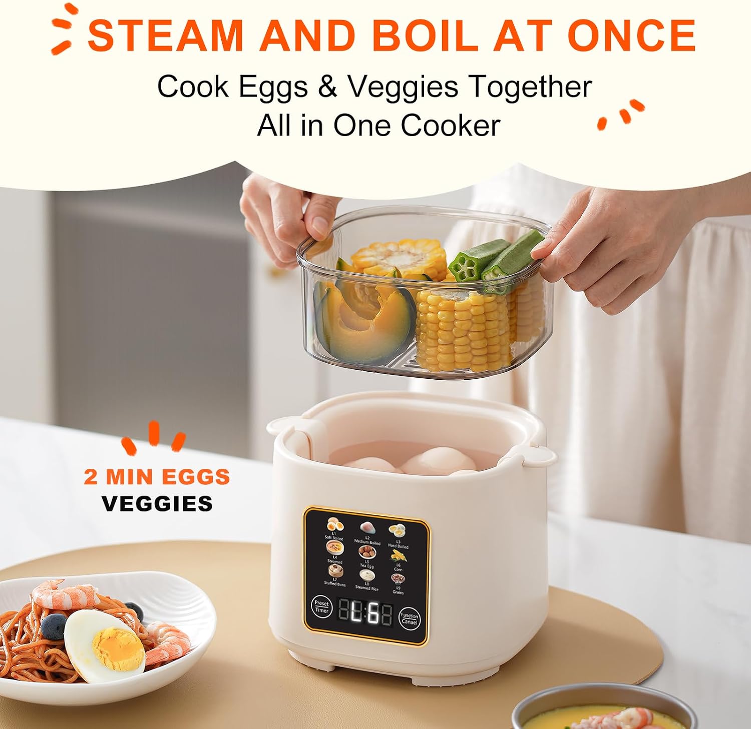 Electric 24H Delay Hard & Soft Boiled Egg Cooker，Egg Cooker Auto Shut Off