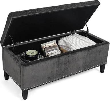 Adeco Rectangular Storage Ottoman Tufted Bench Footstool with Sturdy Legs (Dark Grey-2)