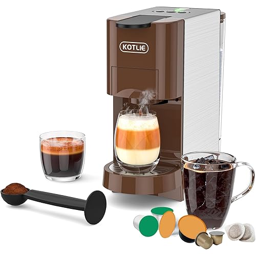 KOTLIE 5in1 Espresso Machine, Single Serve Coffee Maker for NES* Original/KEU* K*cup/D*olce G*usto/Ground Coffee/illy 44mm ESE, Cold&Hot Brew, Level 7 watervolume, 19Bar, 1450W Coffee Machine