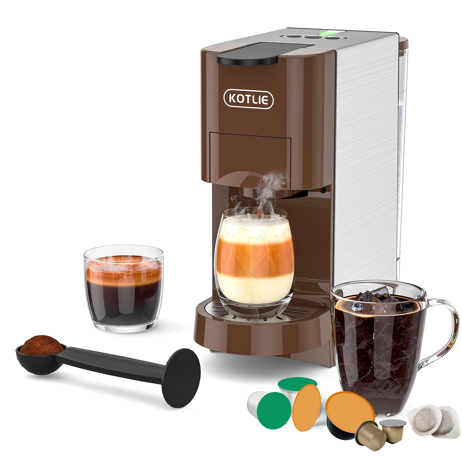 KOTLIE 5in1 Espresso Machine, Single Serve Coffee Maker for NES* Original/KEU* K*cup/D*olce G*usto/Ground Coffee/illy 44mm ESE, Cold&Hot Brew, Level 7 watervolume, 19Bar, 1450W Coffee Machine
