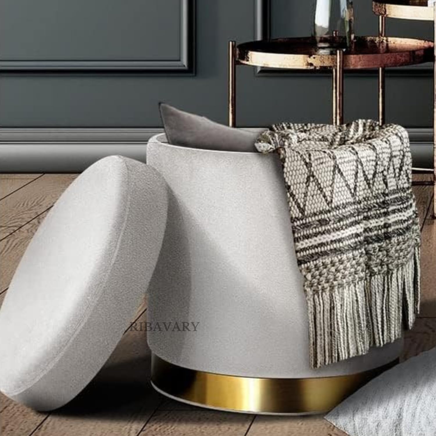 RIBAVARY Velvet Luxurious Round Ottoman Storage Box Velvet Pouffe Footstool Padded Stool Seat with Wooden Base, Footrest Vanity Stool for Bedroom Living Room Balcony Snack (with Storage, Grey)-image-47