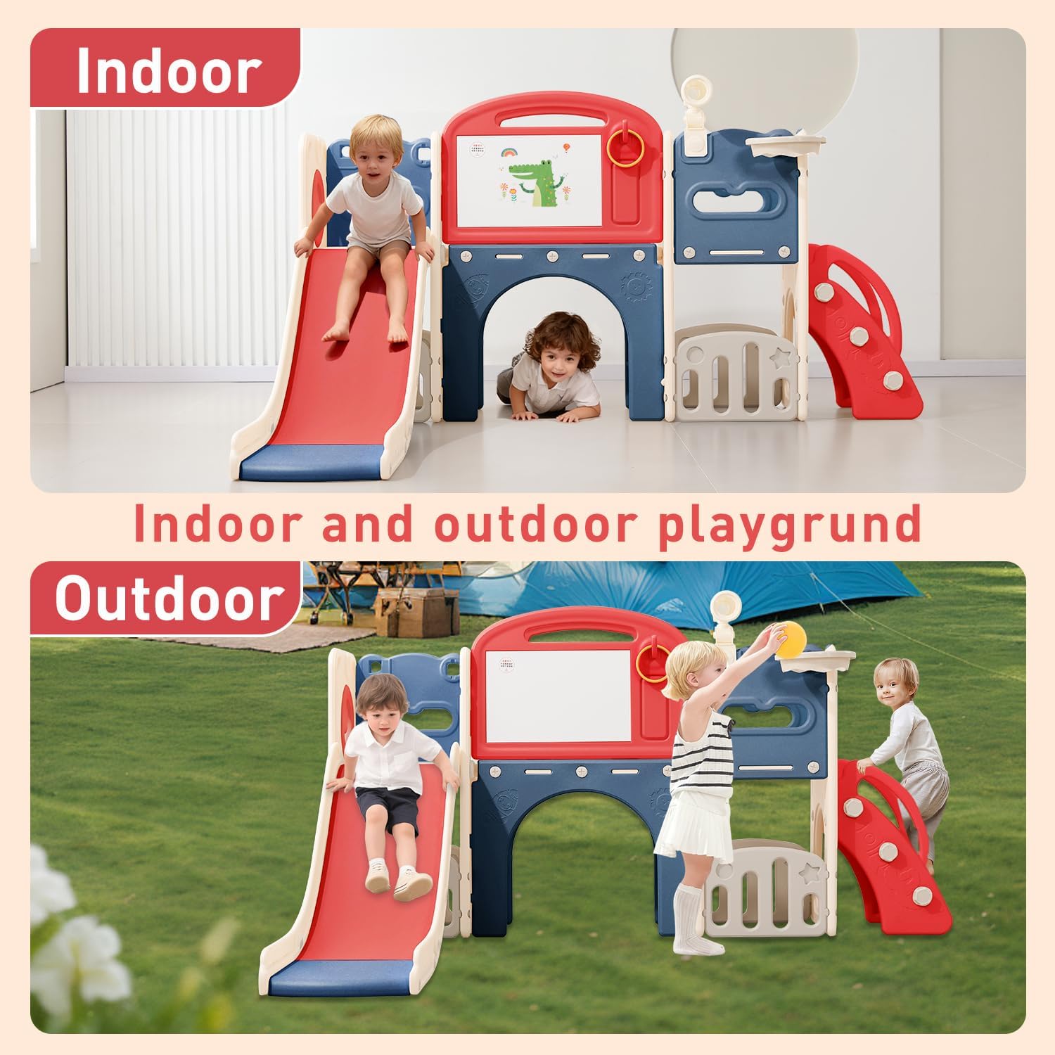 11 in 1 Toddler Playset with Slide Playground for Toddlers 1-3 Years Telescope and Slide Set Climber Basketball Hoop Tunnel Crawl Toys for Home Indoor Outdoor Playground Ring-toss Storage Space Red