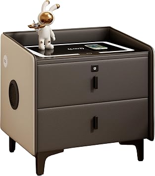 Smart Modern Nightstand with Speaker, Fingerprint Lock, USB and Wireless Charging Station, LED Lighting - Side Table for Bedroom, Living Room, Dorm Room, Smart Coffee Table.,Gray,2 Floors