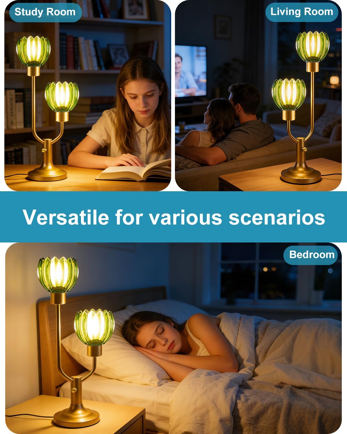 Lightdot Green Glass Flower Table Lamp for Bedroom Dimmable Nightstand Lamp Mid Century Modern Vintage Gold Desk Lamp 2 Bulbs Included Warmwhite Ambient Bedside Lamp for Living Room Home Office Decor