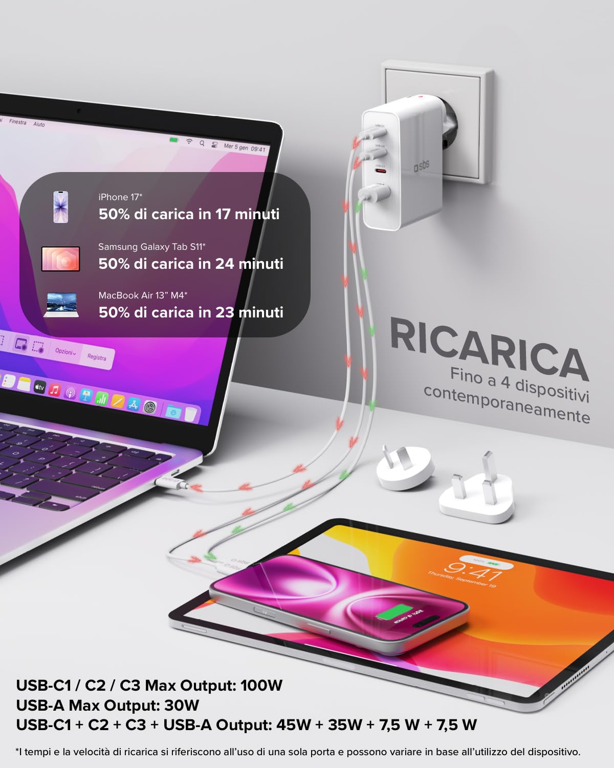 SBS Travel Adapter USB-C 100W, Caricatore da Viaggio con Spine US/UK/EU/AU | Convertitore Adattattore 4 porte USB, Power Delivery (PD), Ricarica Rapida per iPhone, Android, MacBook e Notebook, Bianco